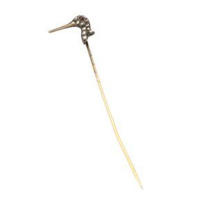 Designer Unisex Antique 15K Gold+925 Silver Rose Cut Diamond Bird Stick Pin 2.5"